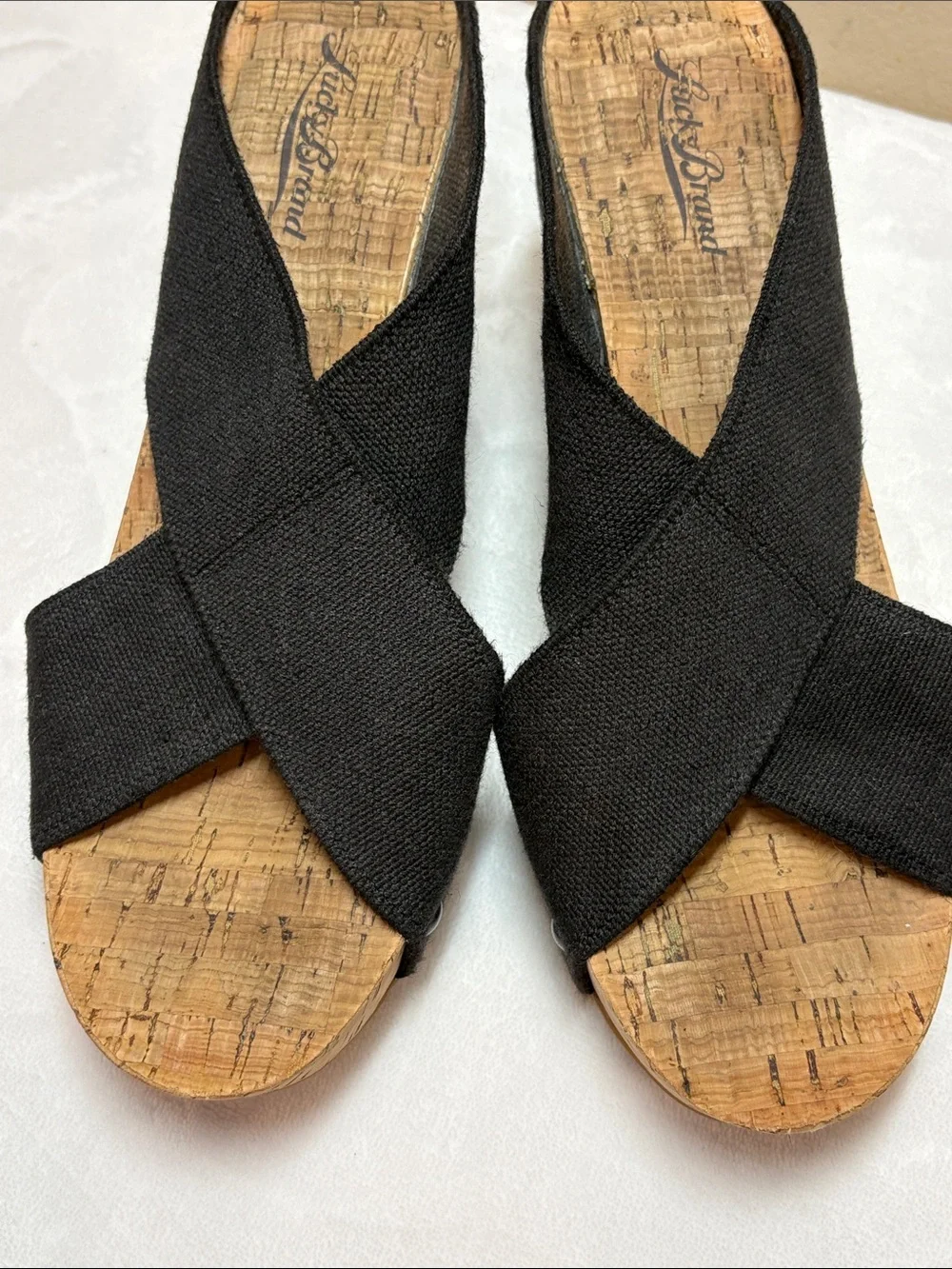Lucky Brand Cross-Band Cork Miller Wedge Slide Sandals in Black, 9
